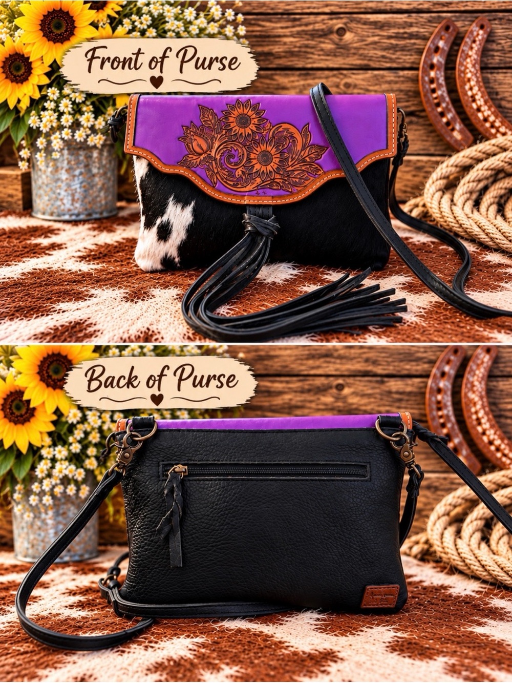 American Darling Purple Floral Tooled Leather & Cowhide Fringe Crossbody Purse